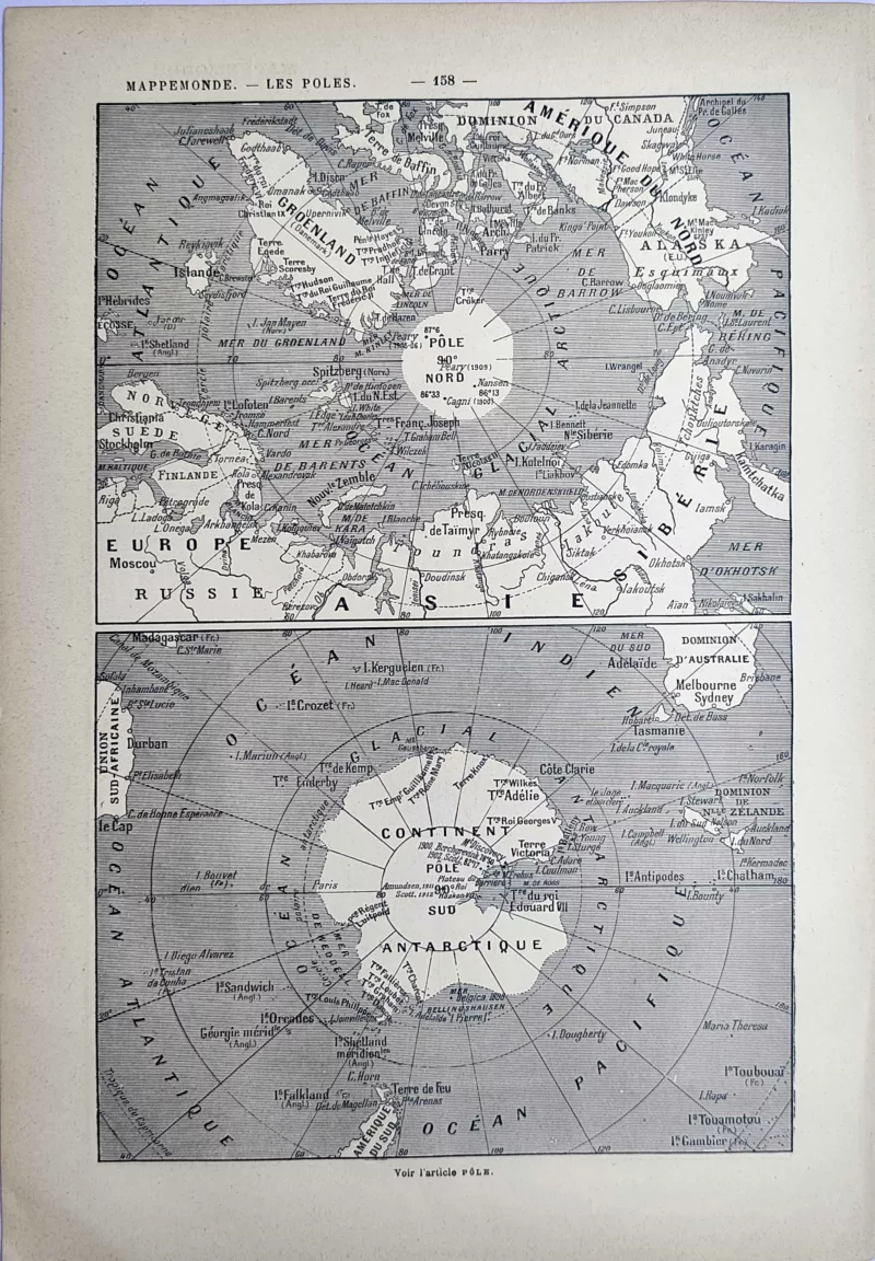 LU21923MAPE-V-Mappemonde Cartes anciennes des régions arctique et antarctique autour des deux pôles, 1923