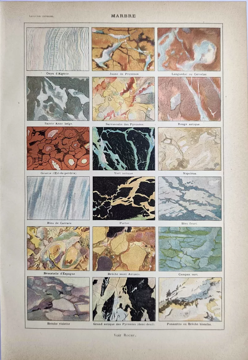 Variétés de marbres en couleurs, onyx, brèches et marbres veinés, planche de 1923