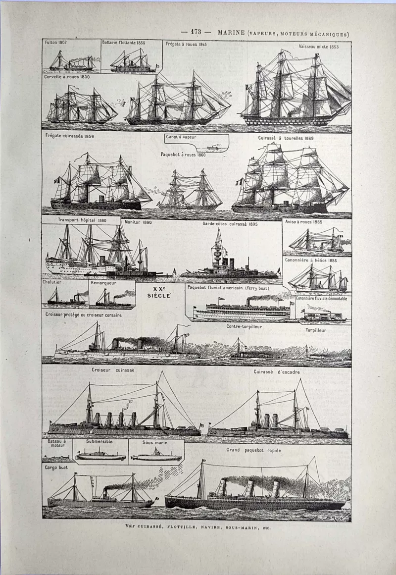 LU21923MARI-R2-Marine-vapeur Évolution des navires à vapeur, cuirassés, croiseurs, sous-marins et paquebots, planche de 1923