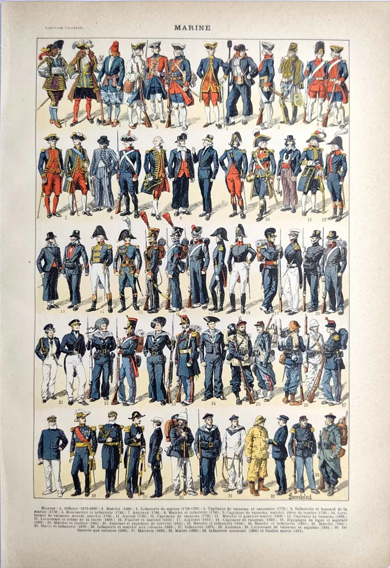 LU21923MARU-R-Marine-uniformes Uniformes de marine en couleurs du XVIIe au XXe siècle, planche de Louis Charles Bombled, 1923
