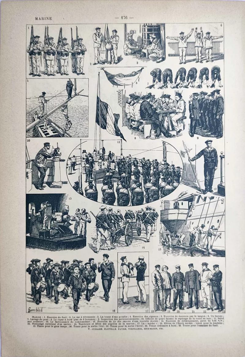 LU21923MARU-V-Marine-uniformes Vie à bord, exercices, inspections et travail des marins, planche de Louis Charles Bombled, 1923