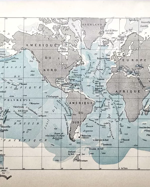 Carte mondiale des profondeurs des mers et océans, document cartographique ancien de 1923