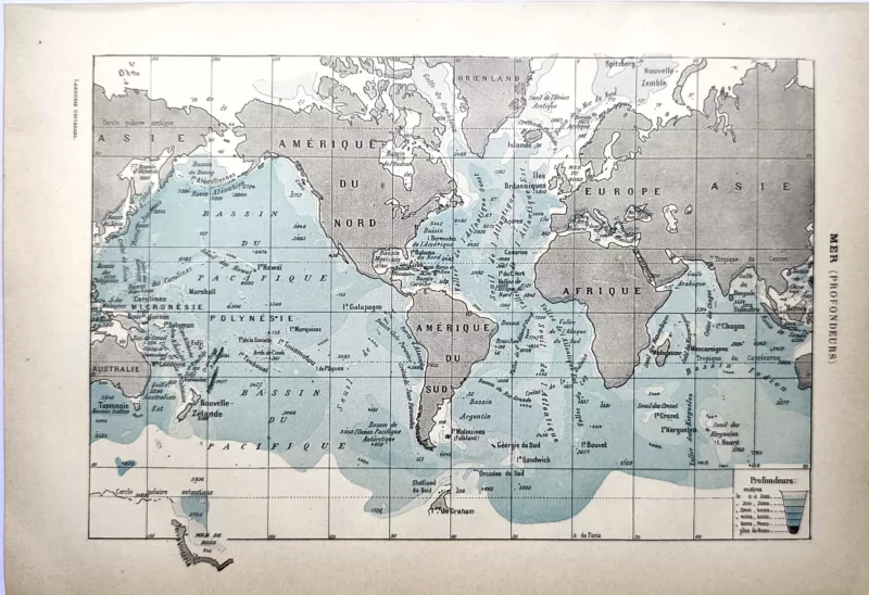 LU21923MERC-R-Mer Carte mondiale des profondeurs des mers et océans, document cartographique ancien de 1923
