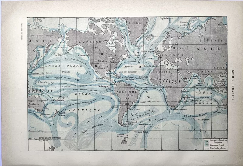 LU21923MERC-V-Mer-courants Carte mondiale des courants océaniques chauds et froids, document cartographique ancien de 1923
