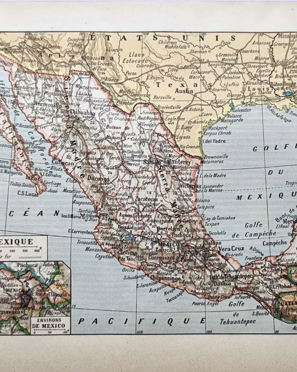 Carte ancienne en couleurs du Mexique et de ses États, document géographique de 1923