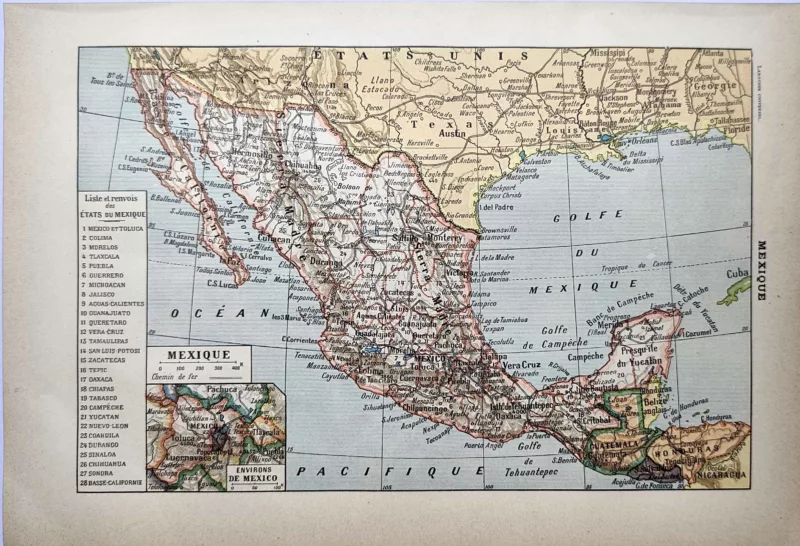 LU21923MEXI-R-Mexique-carte Carte ancienne en couleurs du Mexique et de ses États, document géographique de 1923