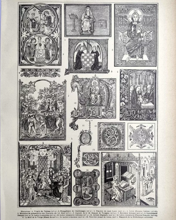 Miniatures médiévales, manuscrits enluminés et initiales ornées, planche d’art de 1923