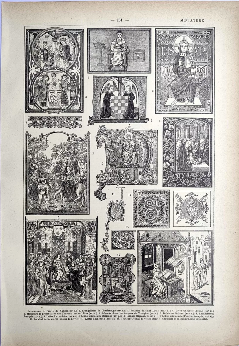 LU21923MINI-R-Miniature Miniatures médiévales, manuscrits enluminés et initiales ornées, planche d’art de 1923