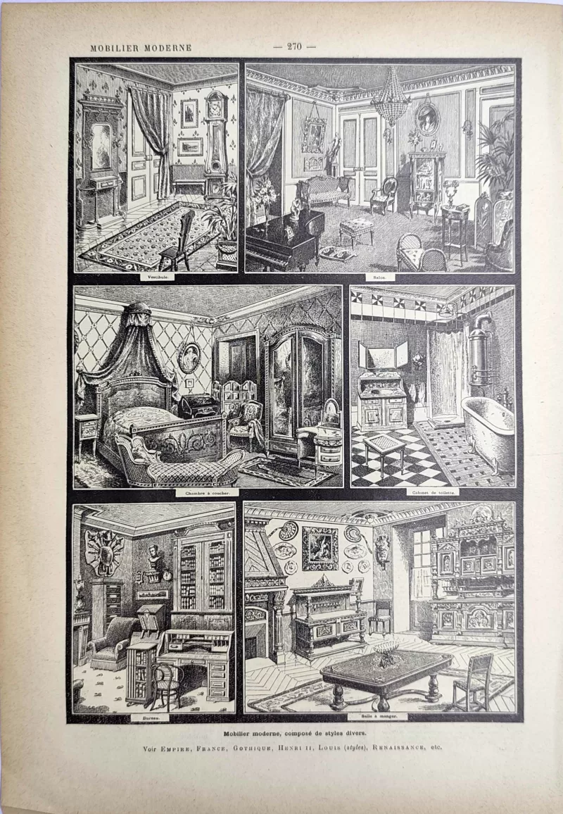 LU21923MOBI-R1-Mobilier Mobilier moderne, vestibule, salon, chambre, bureau et salle à manger, planche de 1923