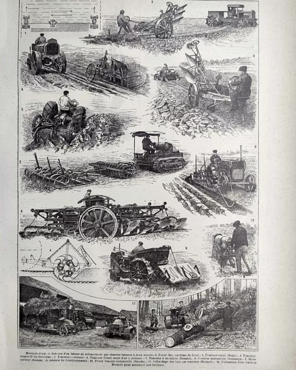 Tracteurs, charrues et machines de motoculture, planche technique ancienne de 1923