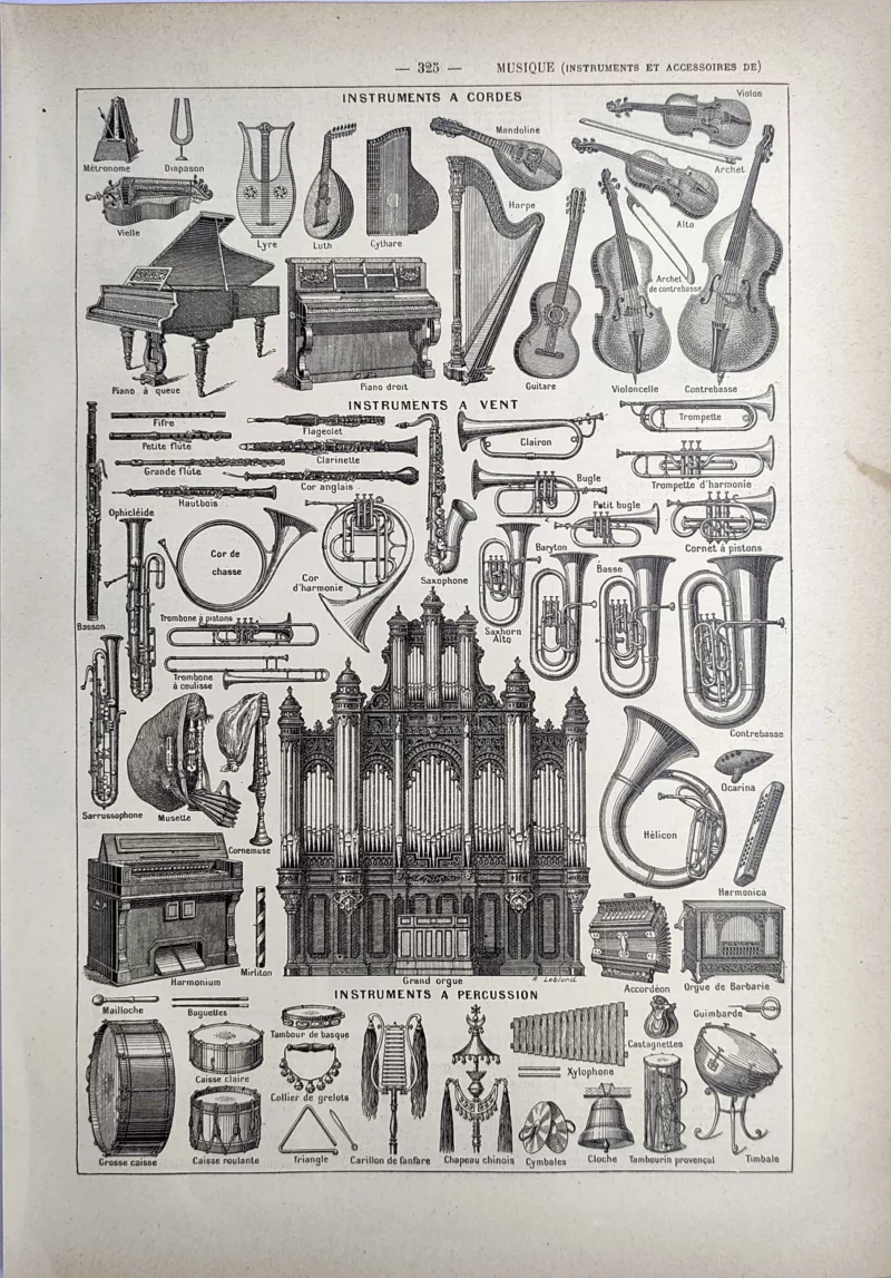 LU21923MUSI-R-Musique Instruments de musique à cordes, vents et percussions avec grand orgue, planche ancienne de 1923