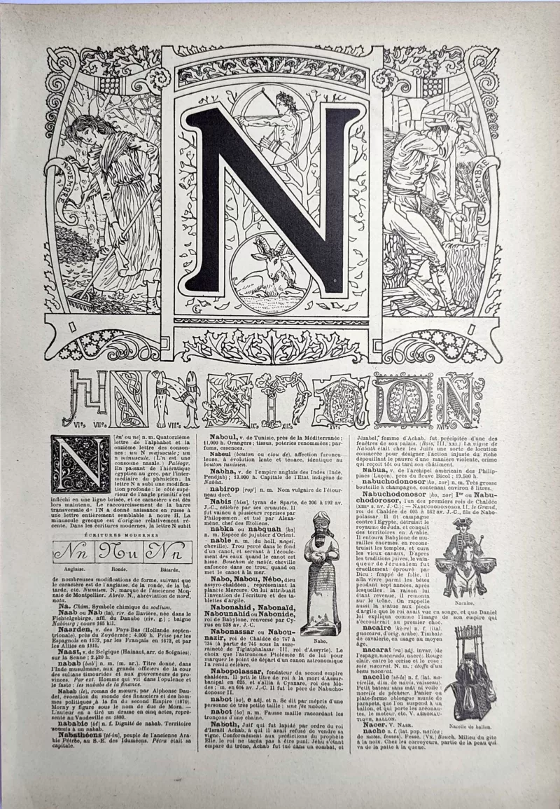 LU21923N000-R-Lettre-N Lettre N décorative avec alphabets anciens et scènes allégoriques, page typographique de 1923