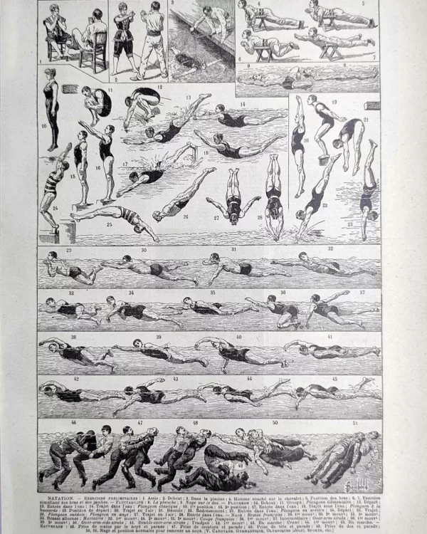 Mouvements de natation, plongeons et techniques de nage, planche sportive ancienne de 1923