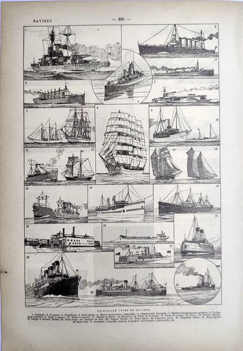 LU21923NAVI-R2-Navires Principaux types de navires à voile et à vapeur, planche maritime ancienne de 1923