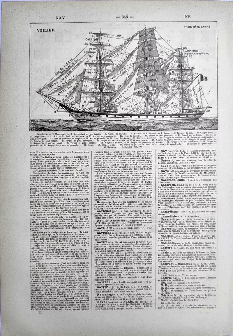 LU21923NAVI-V1-Voilier Grand voilier à trois mâts avec détail du gréement, planche maritime ancienne de 1923