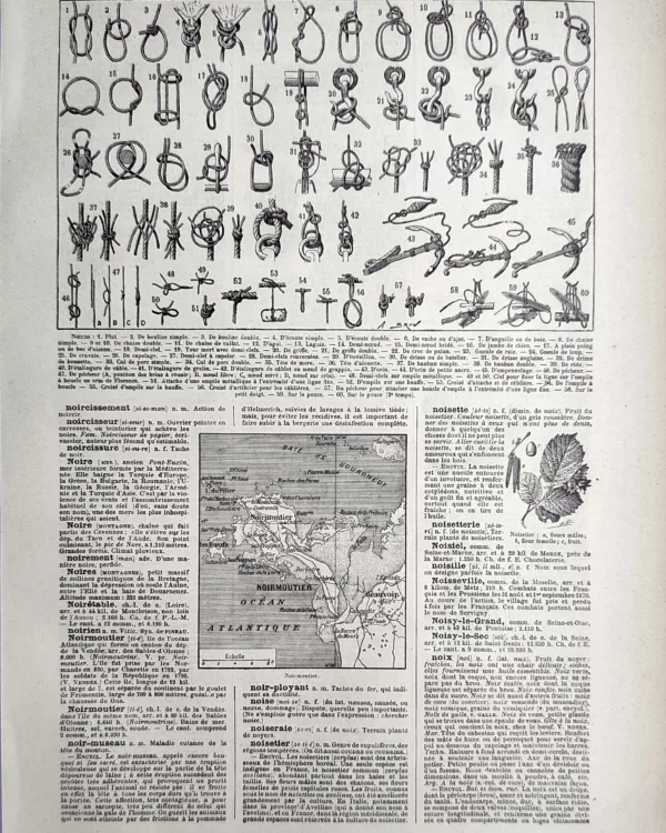 Nombreux nœuds et techniques de cordage avec carte de Noirmoutier, page ancienne de 1923