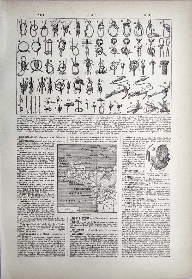 Nombreux nœuds et techniques de cordage avec carte de Noirmoutier, page ancienne de 1923
