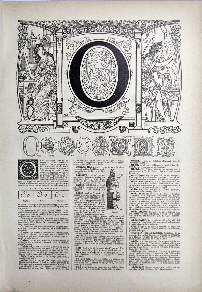LU21923O000-R-Lettre-O Lettre O décorative avec alphabets anciens, architecture et sculpture, page typographique de 1923