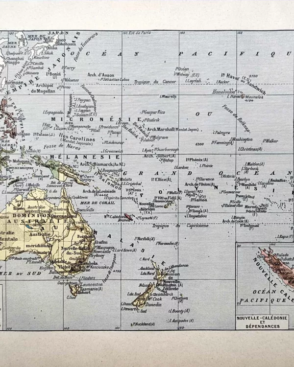 Carte ancienne en couleurs de l’Océanie, Australie et archipels du Pacifique, 1923