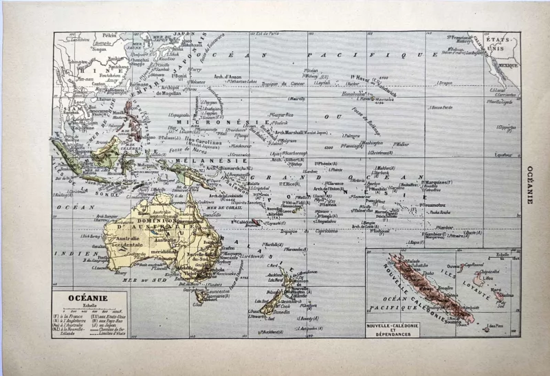 LU21923OCEA-R-Oceanie-carte Carte ancienne en couleurs de l’Océanie, Australie et archipels du Pacifique, 1923