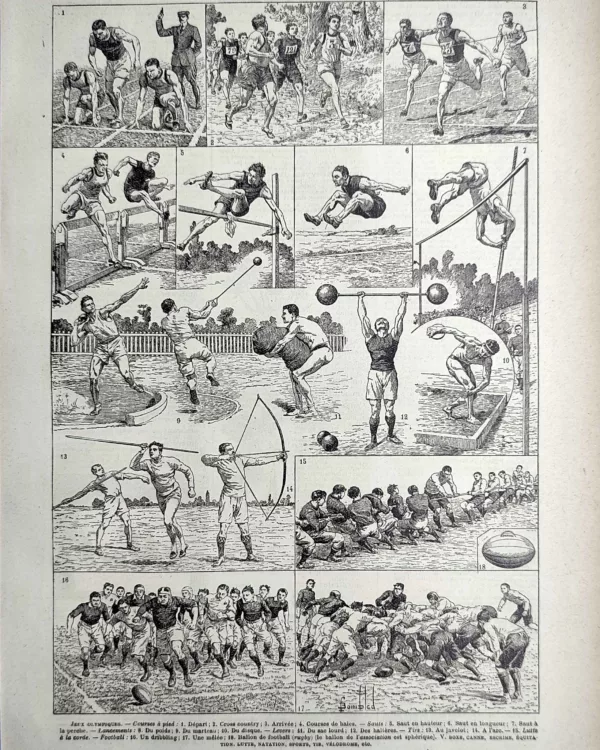 LU21923OLYM-R-Jeux-Olympiques Courses, sauts, lancers et football aux jeux olympiques, planche sportive ancienne de 1923