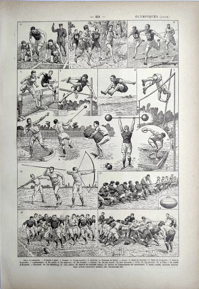 Courses, sauts, lancers et football aux jeux olympiques, planche sportive ancienne de 1923
