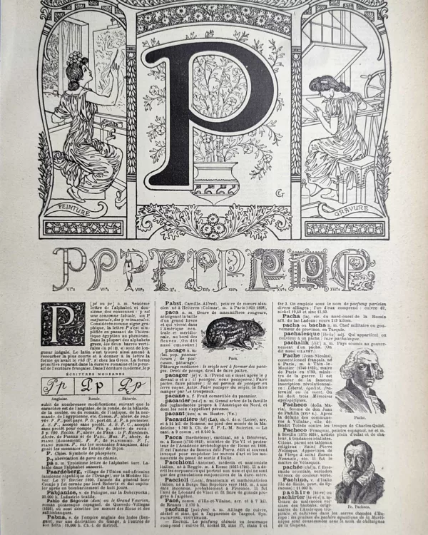 LU21923P000-R-Lettre-P Lettre P décorative avec allégories de la peinture et de la gravure, page typographique de 1923