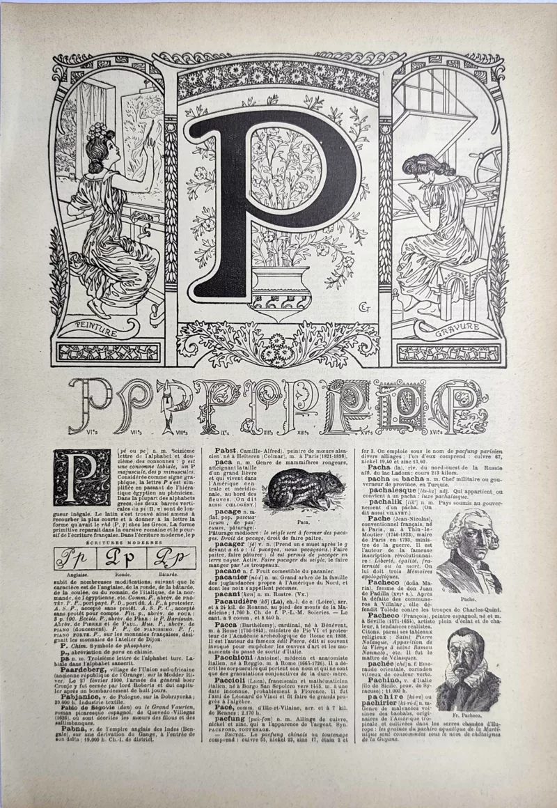 Lettre P décorative avec allégories de la peinture et de la gravure, page typographique de 1923