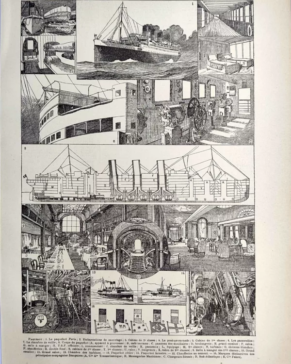 Paquebot, coupe du navire, cabines, salons et installations, planche technique de 1923