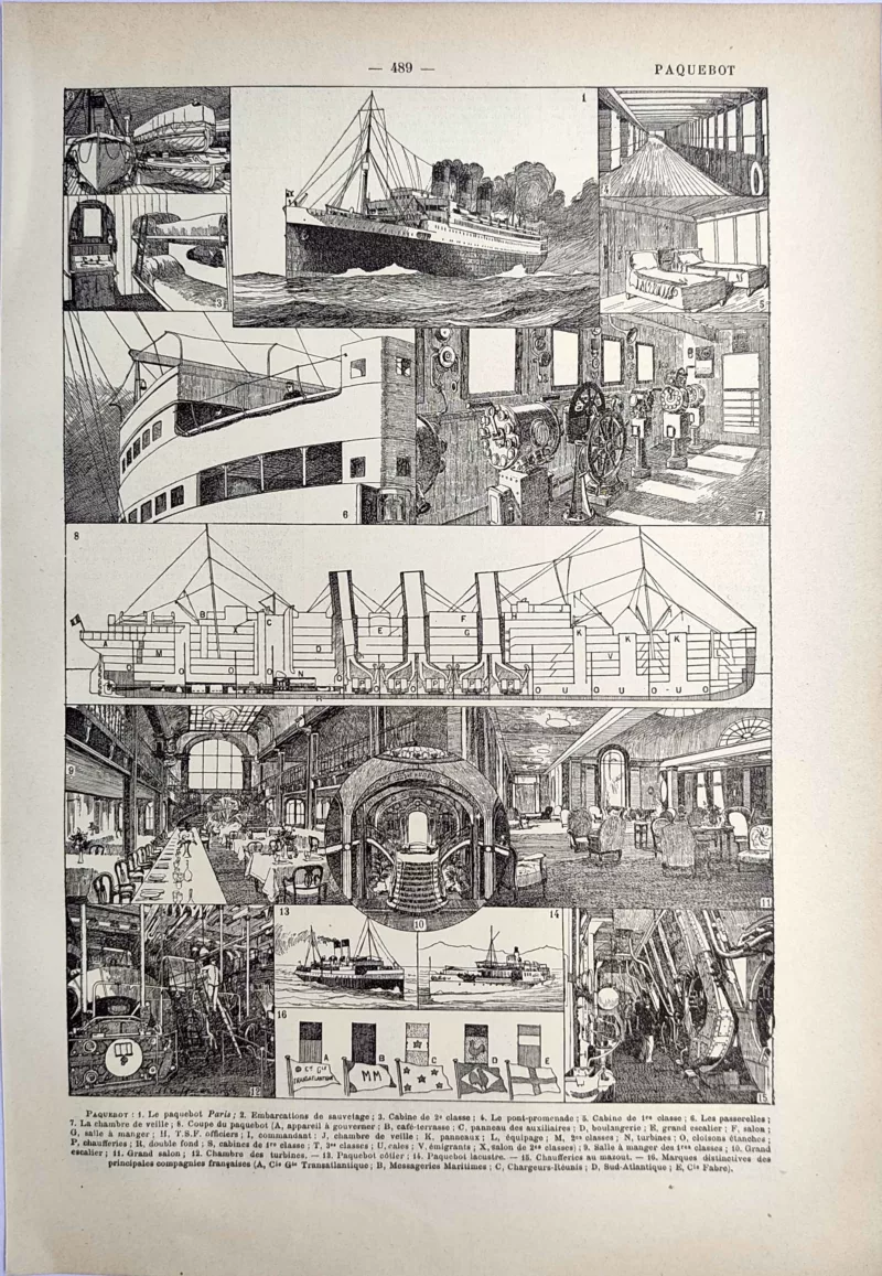 LU21923PAQU-R-Paquebot Paquebot, coupe du navire, cabines, salons et installations, planche technique de 1923