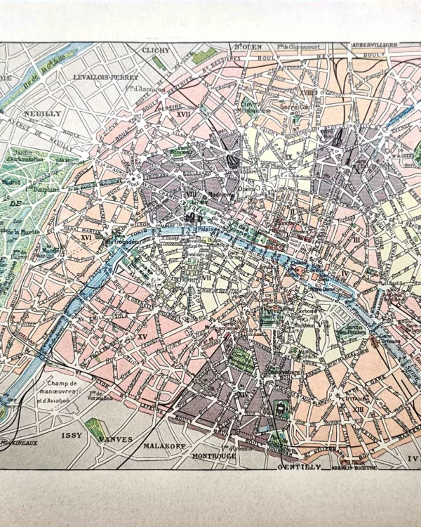 Plan ancien en couleurs de Paris et de sa proche banlieue, carte de 1923
