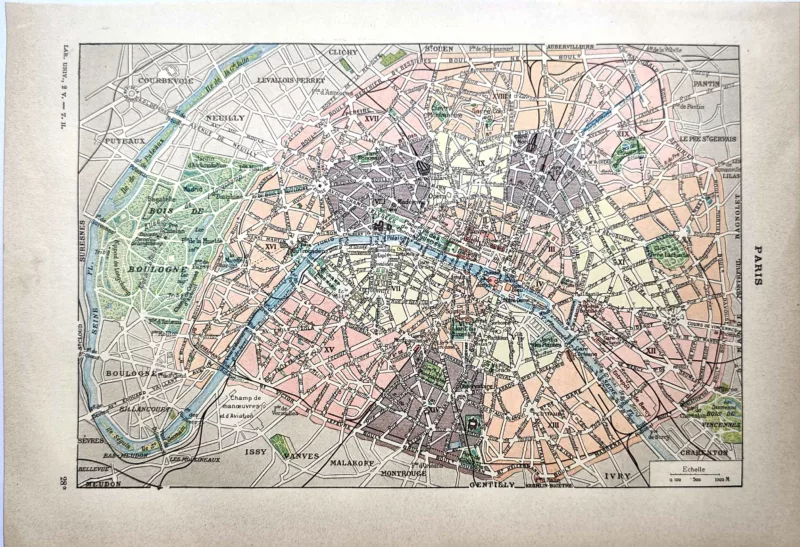 LU21923PARI-R-Paris-plan Plan ancien en couleurs de Paris et de sa proche banlieue, carte de 1923