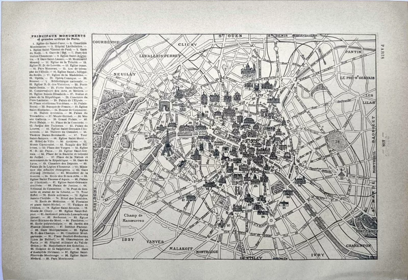 LU21923PARI-V-Paris-plan Plan de Paris avec principaux monuments et édifices repérés, carte ancienne de 1923