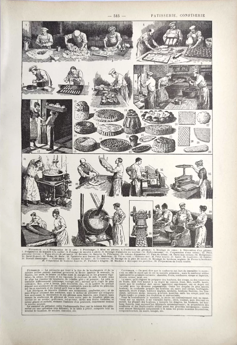 LU21923PATI-R-patisserie-confiserie Fabrication en pâtisserie et confiserie, gestes, gâteaux et machines, planche ancienne de 1923