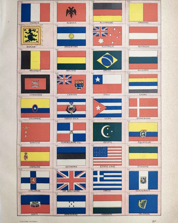Pavillons et drapeaux en couleurs de nombreux pays du monde, planche ancienne de 1923