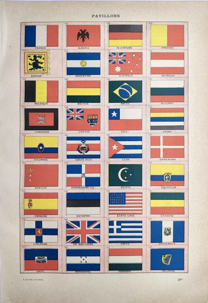 LU21923PAVI-R-pavillons Pavillons et drapeaux en couleurs de nombreux pays du monde, planche ancienne de 1923