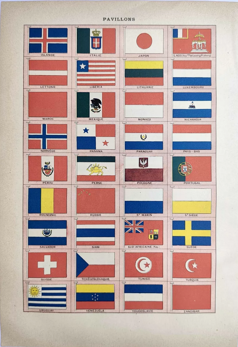 LU21923PAVI-V-pavillons Pavillons et drapeaux historiques de nombreux États et territoires, planche ancienne de 1923