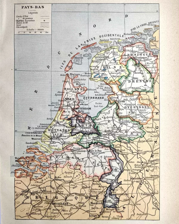 Carte ancienne en couleurs des Pays-Bas, planche géographique de 1923
