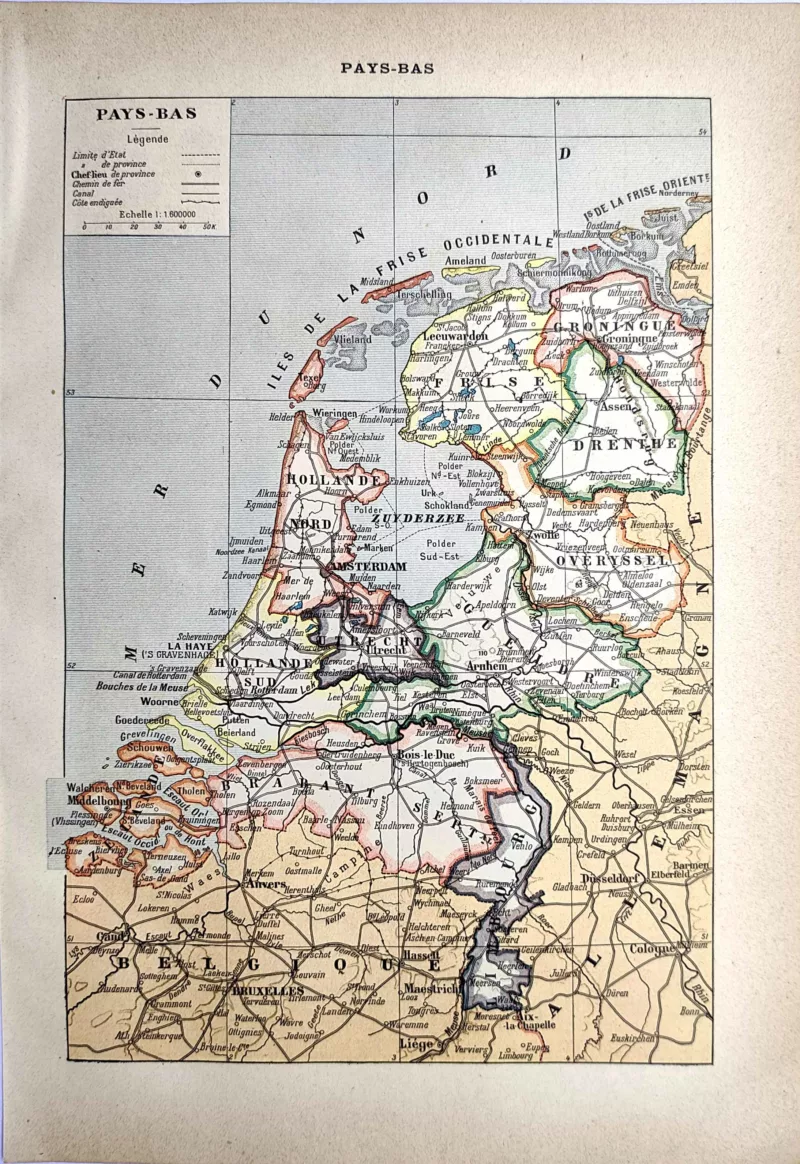 LU21923PAYS-R-Pays-bas-carte Carte ancienne en couleurs des Pays-Bas, planche géographique de 1923