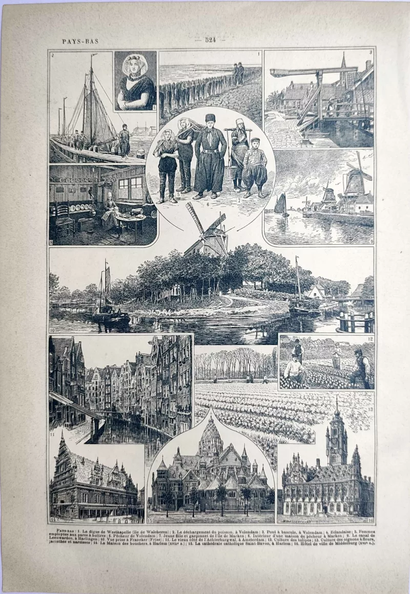 LU21923PAYS-V-Pays-bas-monuments Pays-Bas, paysages, costumes, moulins et monuments, planche ancienne de 1923