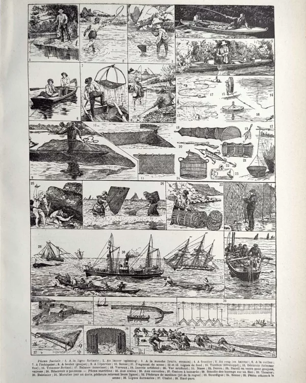Techniques de pêche, filets, casiers et bateaux, planche ancienne de 1923