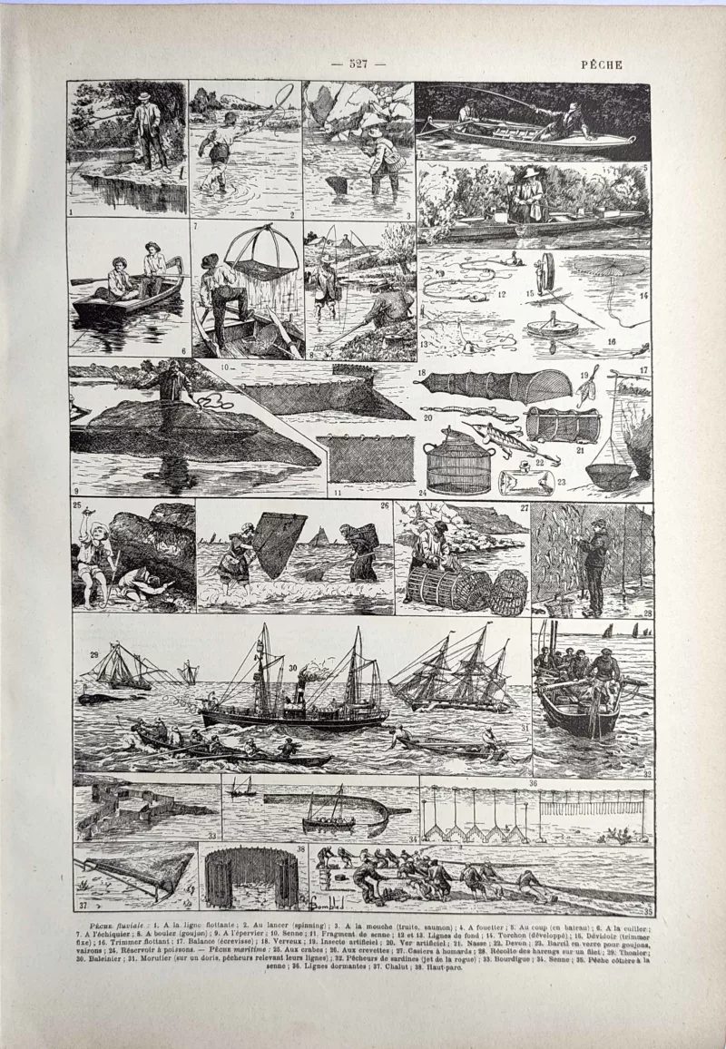 Techniques de pêche, filets, casiers et bateaux, planche ancienne de 1923