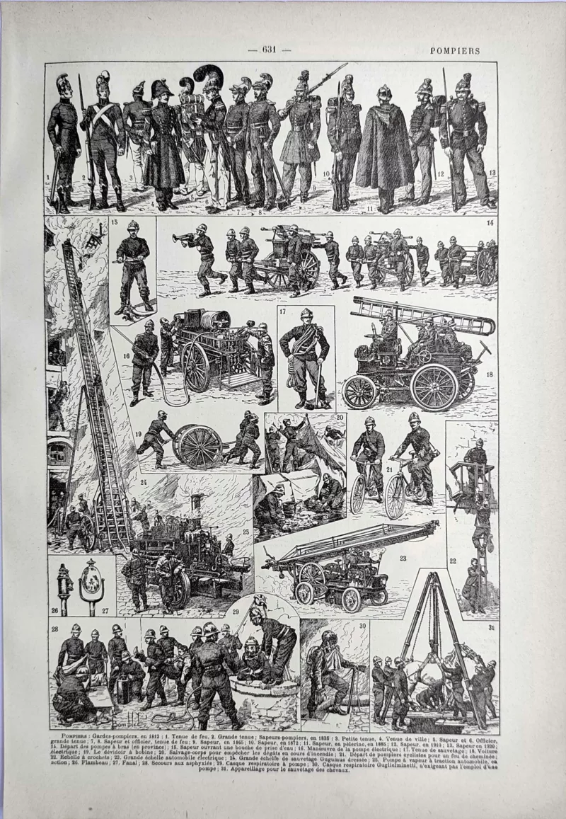 LU21923POMP-R-pompiers Pompiers, uniformes, pompes et matériels de secours, planche ancienne de 1923