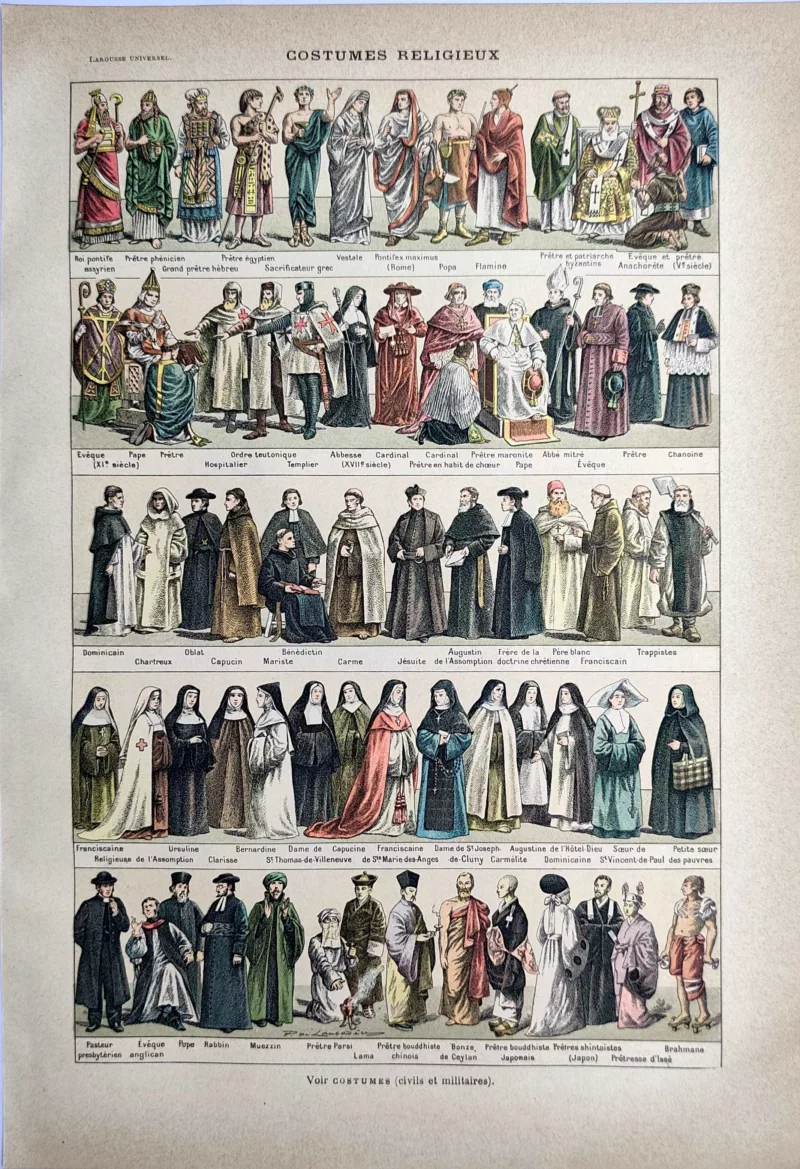 Costumes religieux de différentes traditions, planche en couleurs de 1923