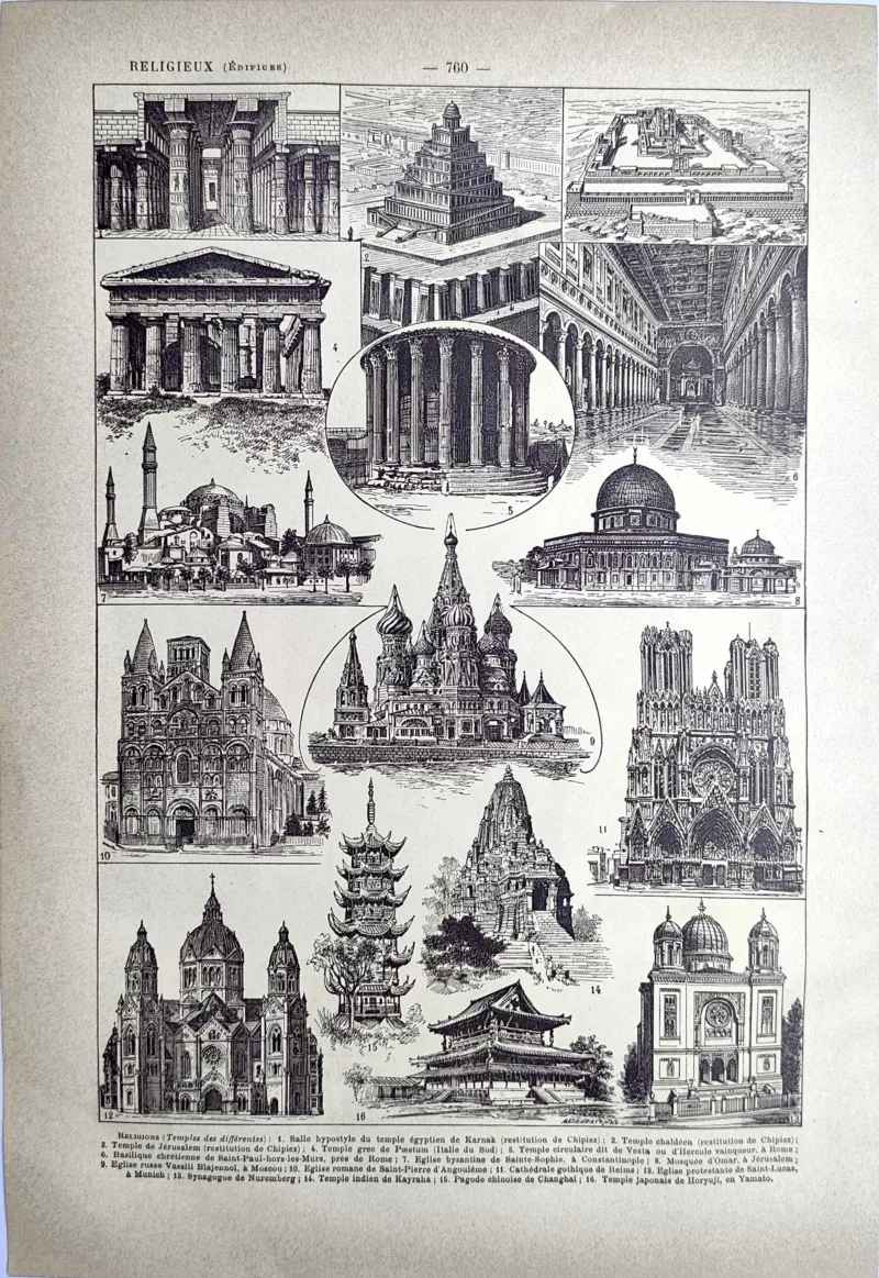 Temples, églises, mosquées et édifices religieux, planche ancienne de 1923