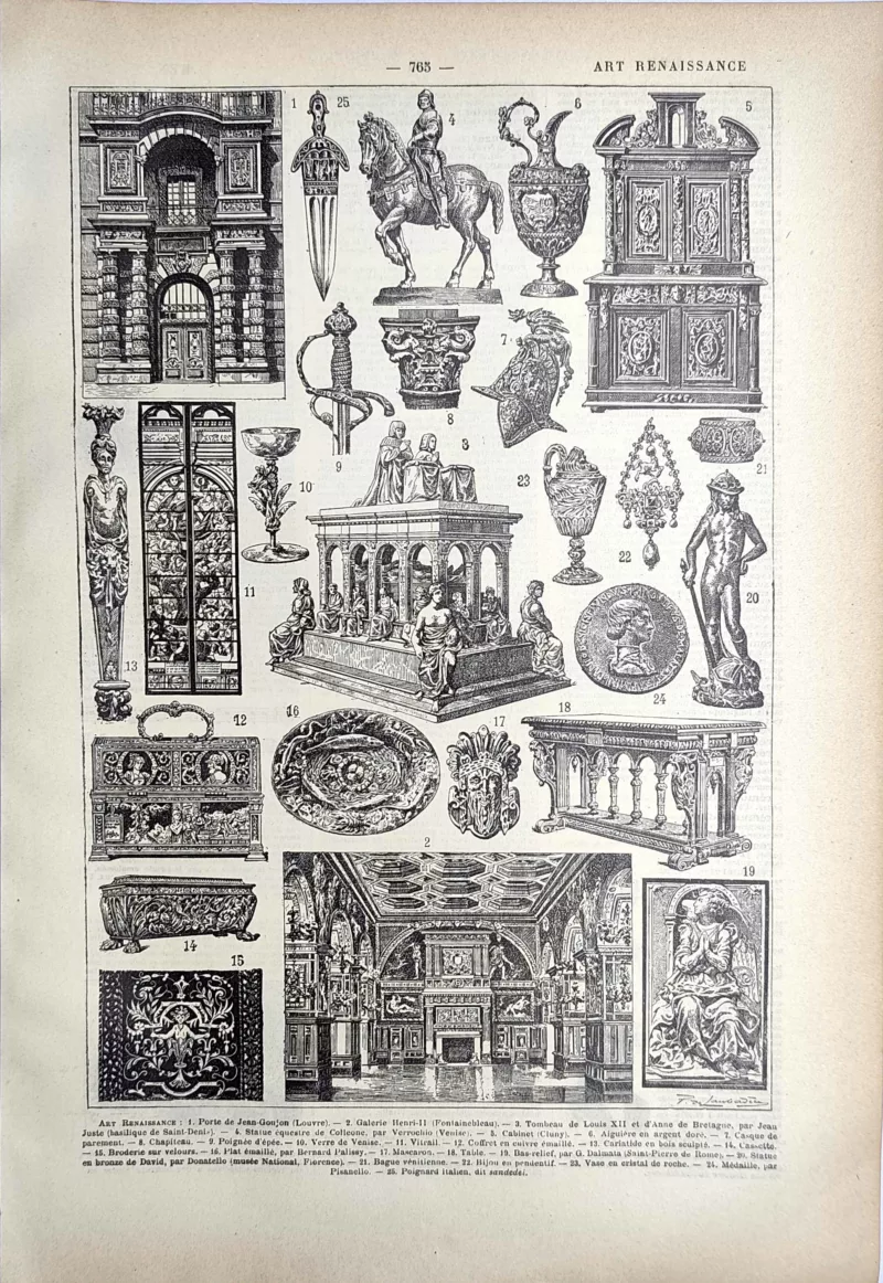 Art de la Renaissance, architecture, mobilier et objets, planche ancienne de 1923