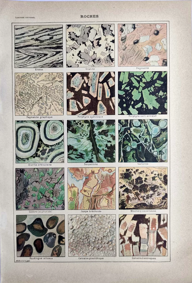 Textures et structures de roches en couleurs, planche géologique ancienne de 1923