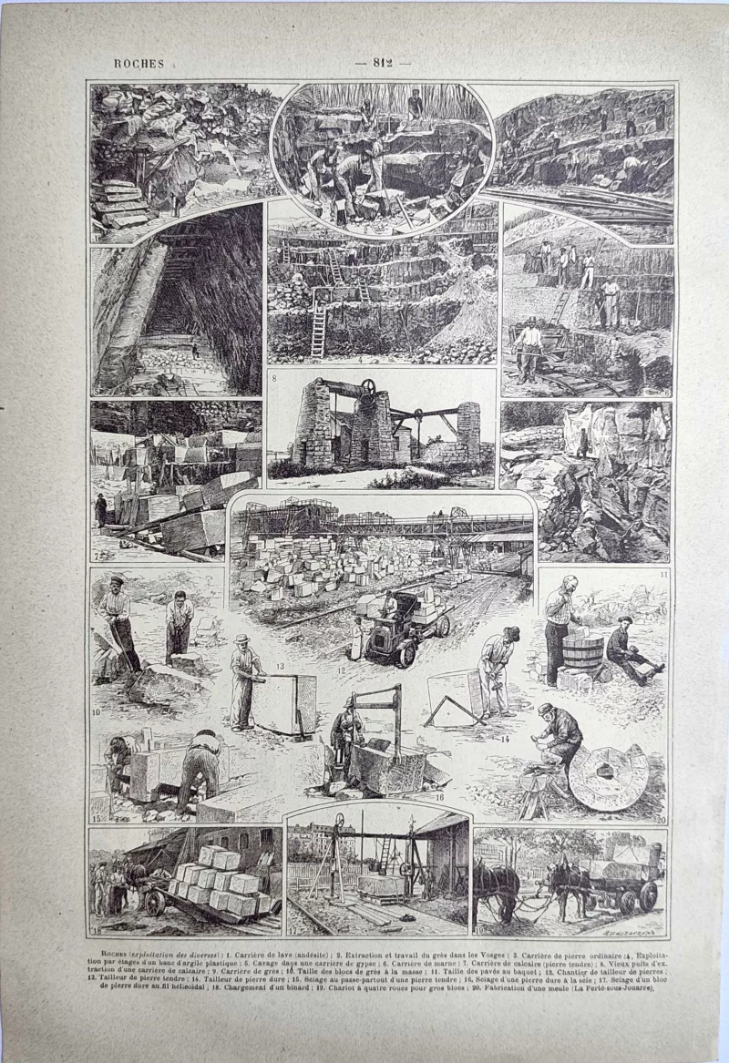 Carrières, extraction et taille de pierre, planche ancienne de 1923