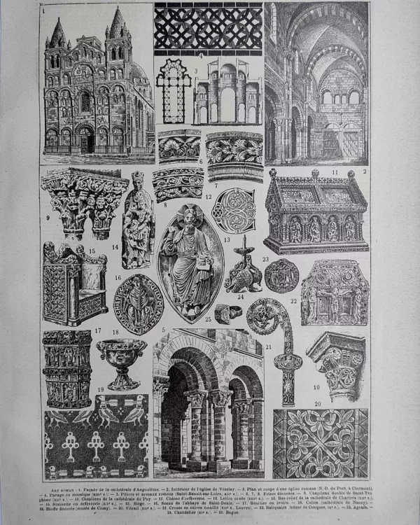 LU21923ROMA-R-Roman-art Art roman, architecture, chapiteaux et objets médiévaux, planche ancienne de 1923