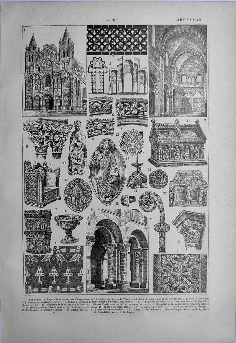 Art roman, architecture, chapiteaux et objets médiévaux, planche ancienne de 1923